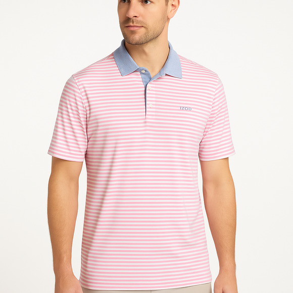 IZOD Polo Shirt‎ Mens Size Large Pink White Striped Short Sleeve Sporty Golf - Picture 1 of 8